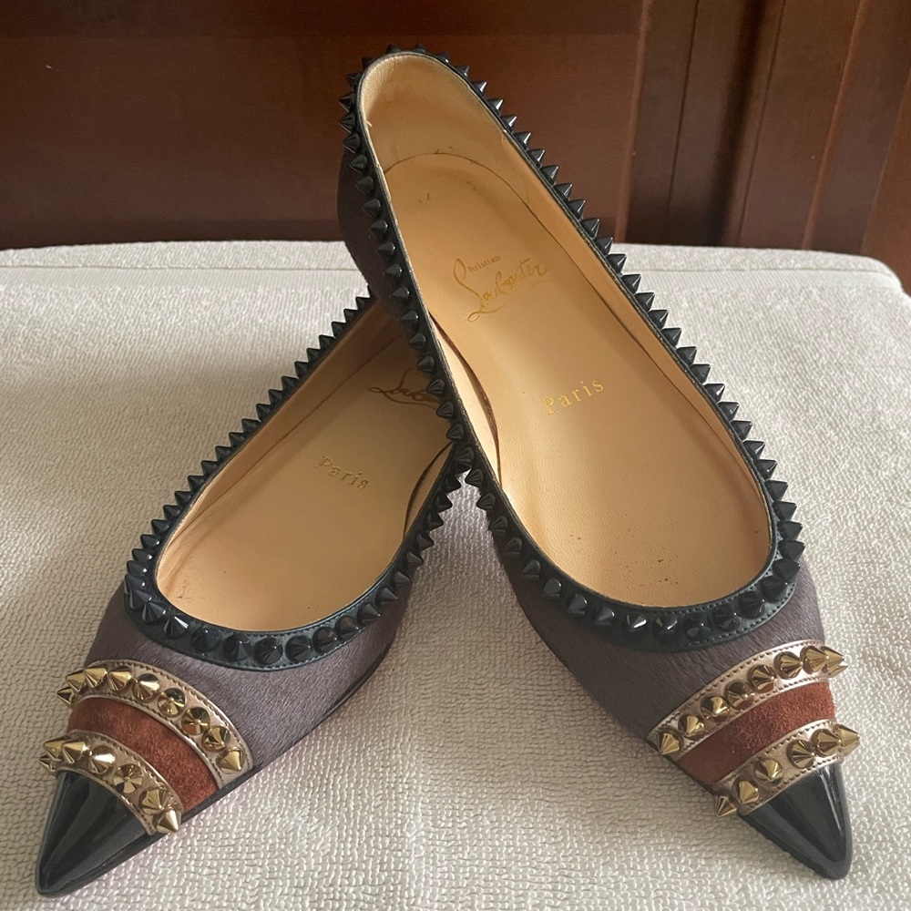 Christian Louboutin Black Pointed Studded Leather, Calf Hair Flats